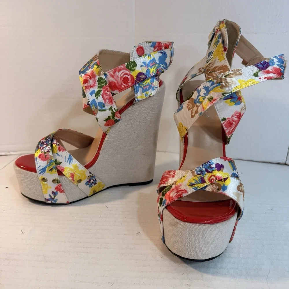 Women's Size 41 Sandals Platform Wedges Floral Print Satin Buckle Straps Ladies